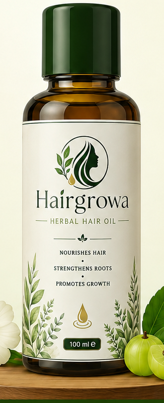 Hairgrowa Herbal Hair Oil 100 ml bottle surrounded by fresh herbs and amla